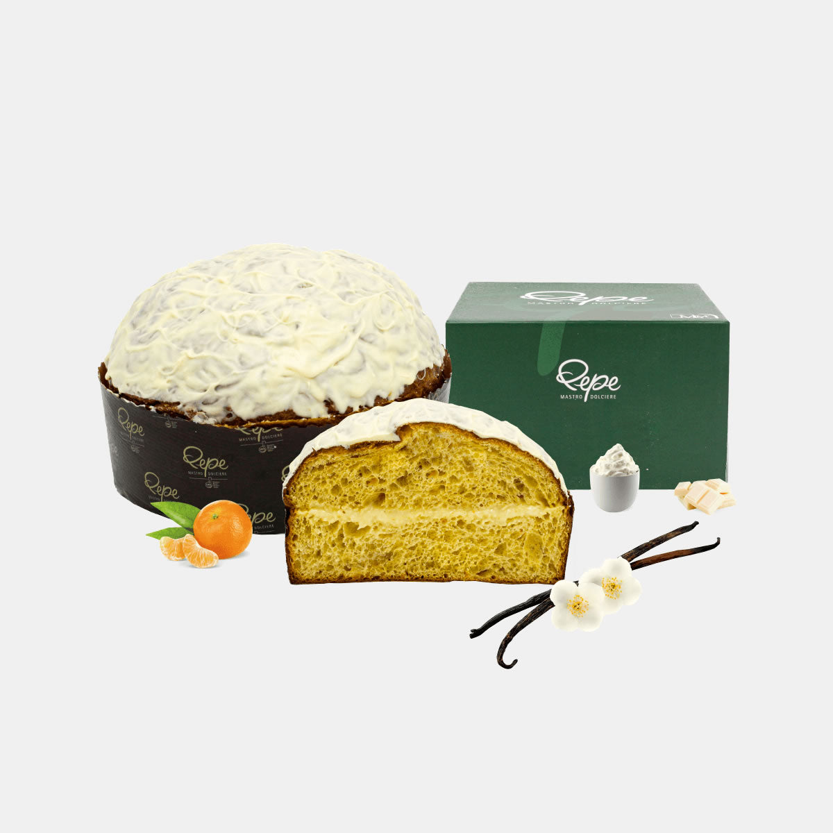 Panettone with cream, buffalo milk and mandarin cream
